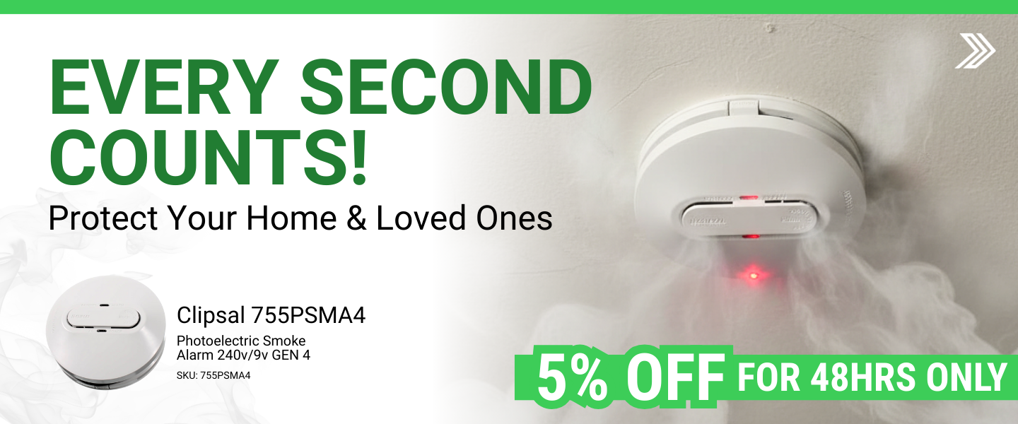 Clipsal 755psma4 photoelectric smoke alarm installed on ceiling actively detecting smoke in home environment. Shop now for 5% off at Sparky Direct.