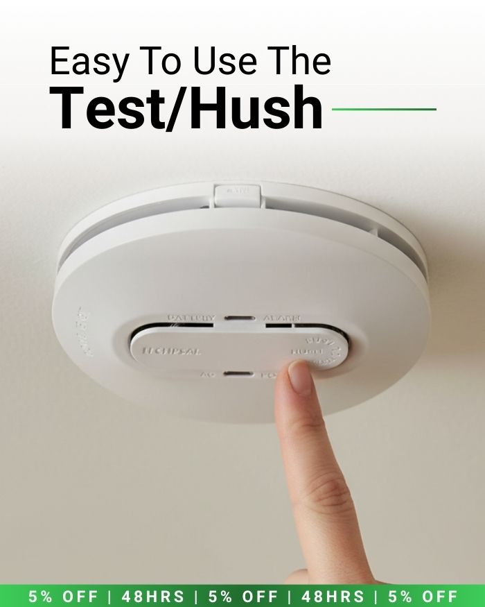 Close up of Clipsal 755psma4 photoelectric smoke alarm showing test hush button and indicator lights