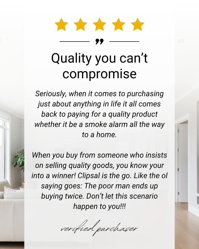 Five star verified purchaser review for Clipsal smoke alarms highlighting build quality, reliability, and long term value for home safety