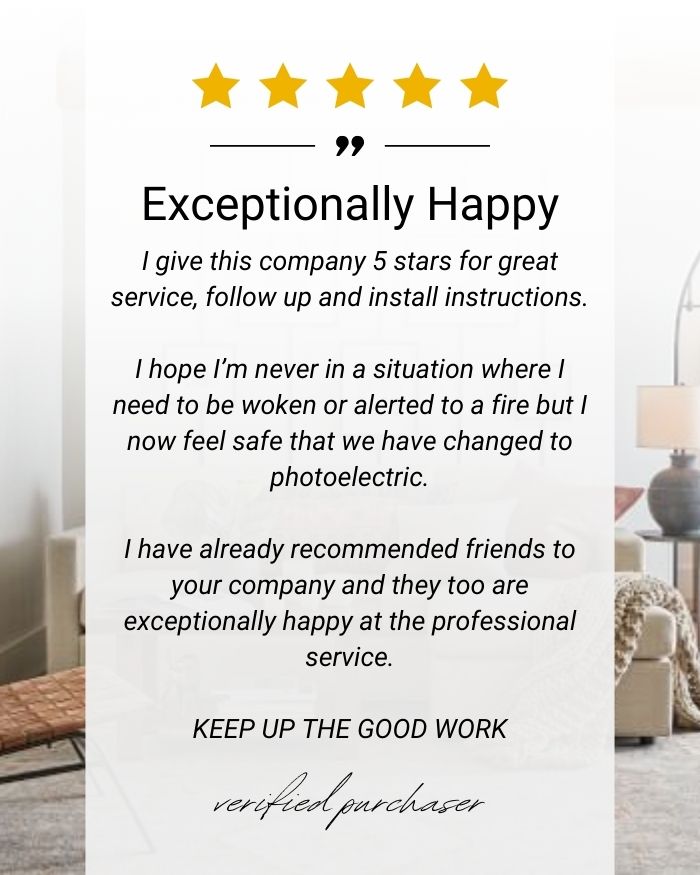 Verified purchaser testimonial praising Clipsal photoelectric smoke alarms, clear instructions and professional service