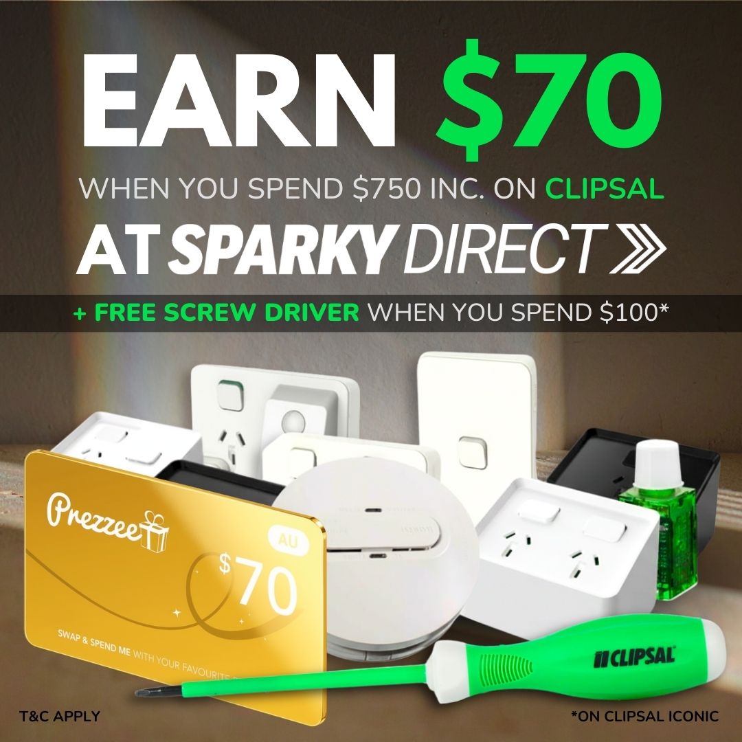 Promotional banner for Sparky Direct offering a $70 Prezzee voucher when you spend $750 inc. on Clipsal, plus a free screwdriver on $100 Clipsal Iconic spend and free shipping on orders over $330, shown with Clipsal products and a Prezzee gift card.