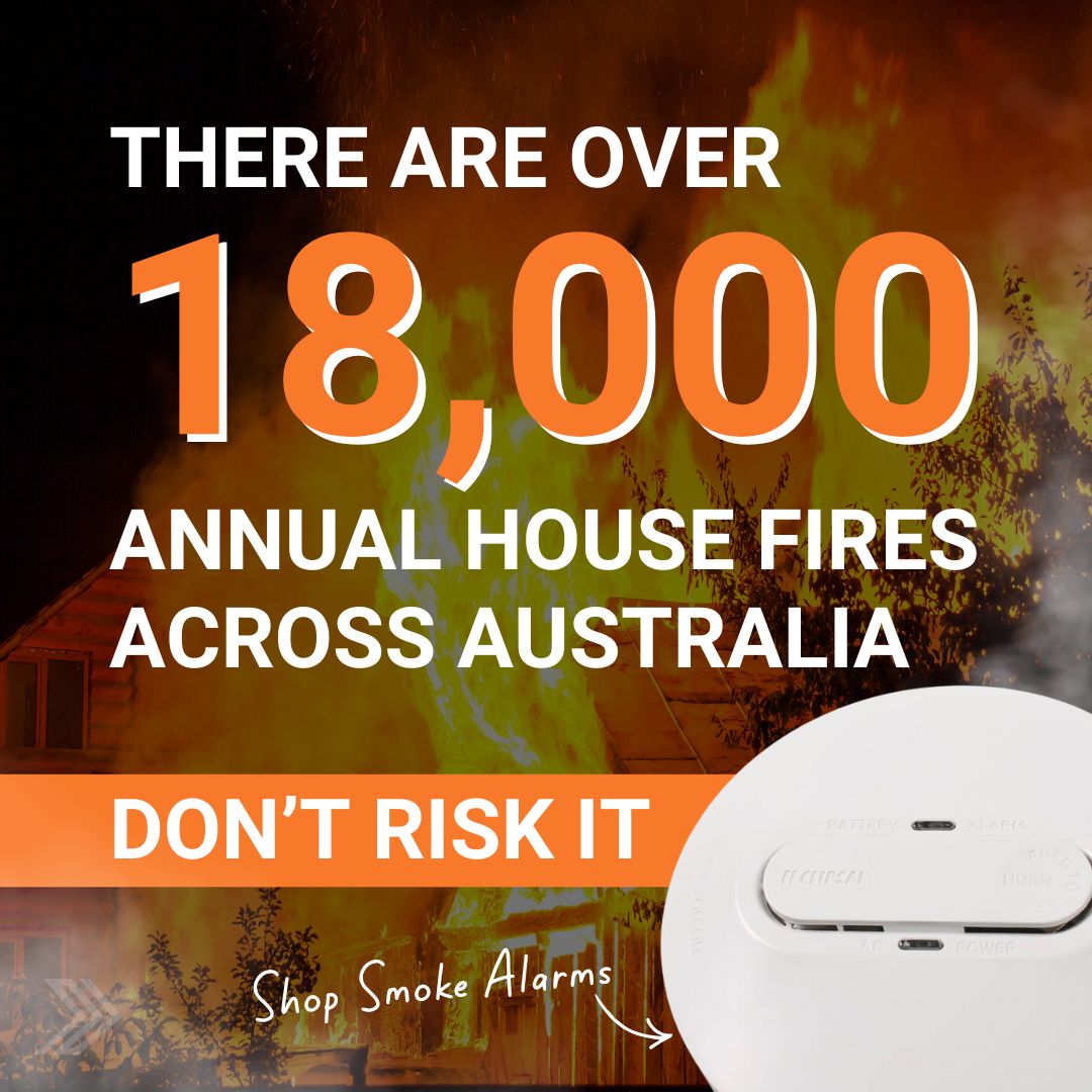 Fire safety awareness graphic showing Australian house fire statistics alongside Clipsal smoke alarm