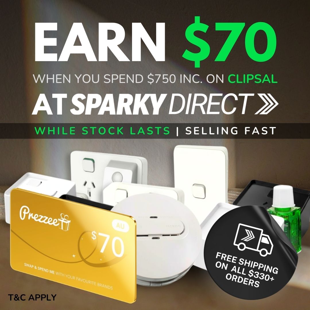 Promotional banner for Sparky Direct offering a $70 Prezzee voucher when you spend $750 inc. on Clipsal, plus a free screwdriver on $100 Clipsal Iconic spend and free shipping on orders over $330, shown with Clipsal products and a Prezzee gift card.