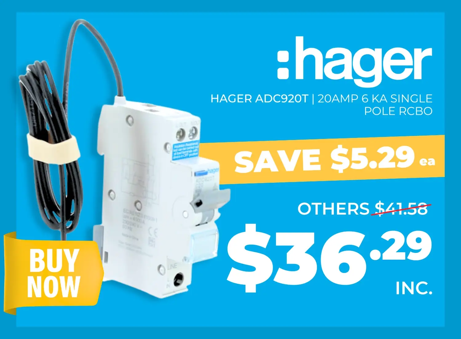 Click here for the Hager ADC920T 20A 6kA Single Pole RCBO.