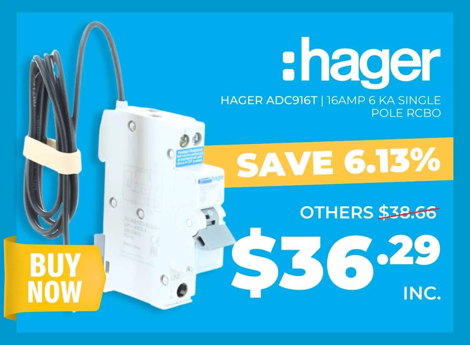 Click here for the Hager ADC916T 16A 6kA Single Pole RCBO.
