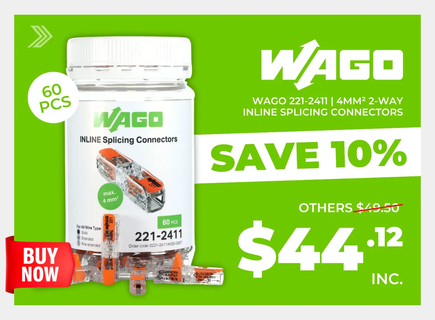 Click to shop the Wago 221-2411 | 4mm² 2-Way Inline Splicing Connectors.