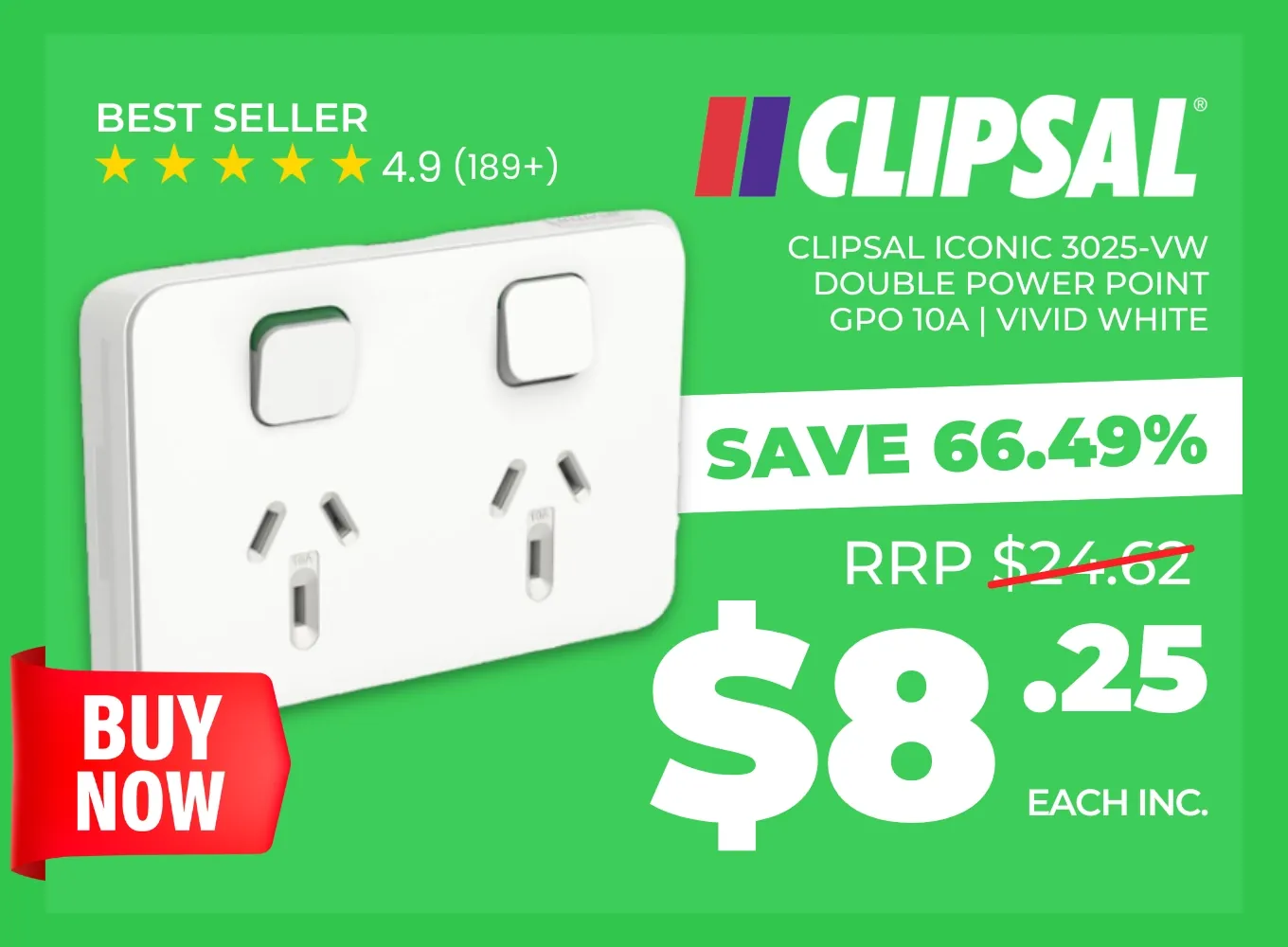 Click here for a Clipsal Iconic double power point in vivid white available for $8.03.