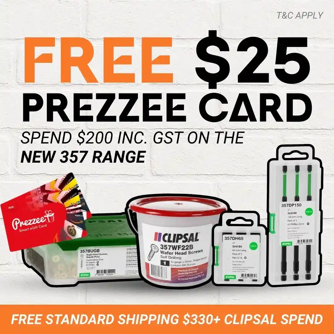 Clipsal March promotion banner featuring two offers: free $25 Prezzee card when you spend $200 inc GST on the new 357 range and free standard shipping on $330+ Clipsal spend valued at $15.95