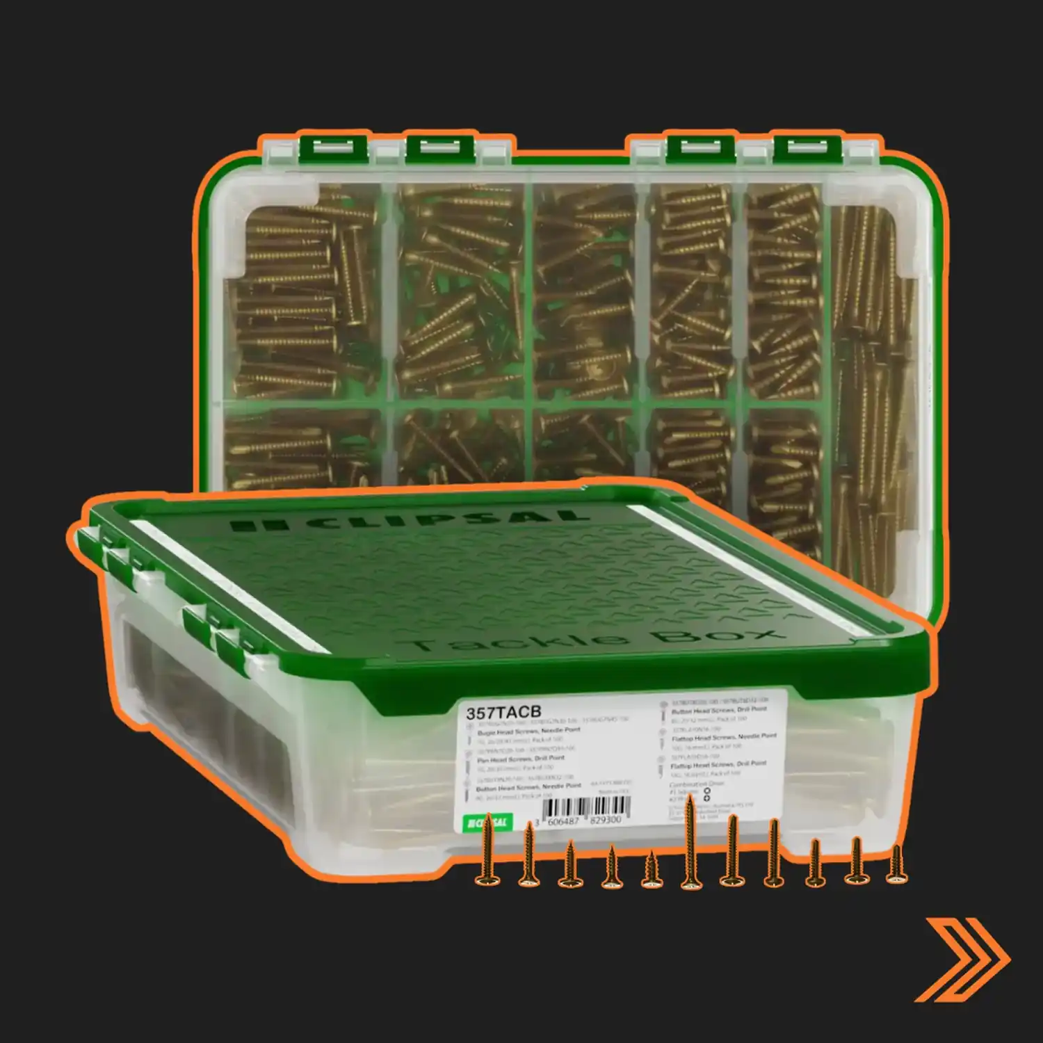 Click here for a Clipsal tackle box filled with 1100 assorted screws organised in clear compartments with a green lid.