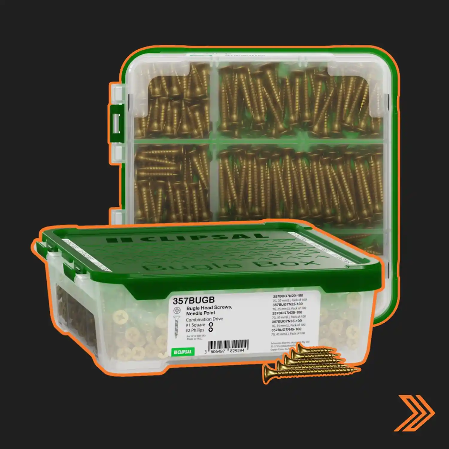 Click here for a Clipsal tackle box containing 500 bugle head screws organised in compartments with several screws placed in front.