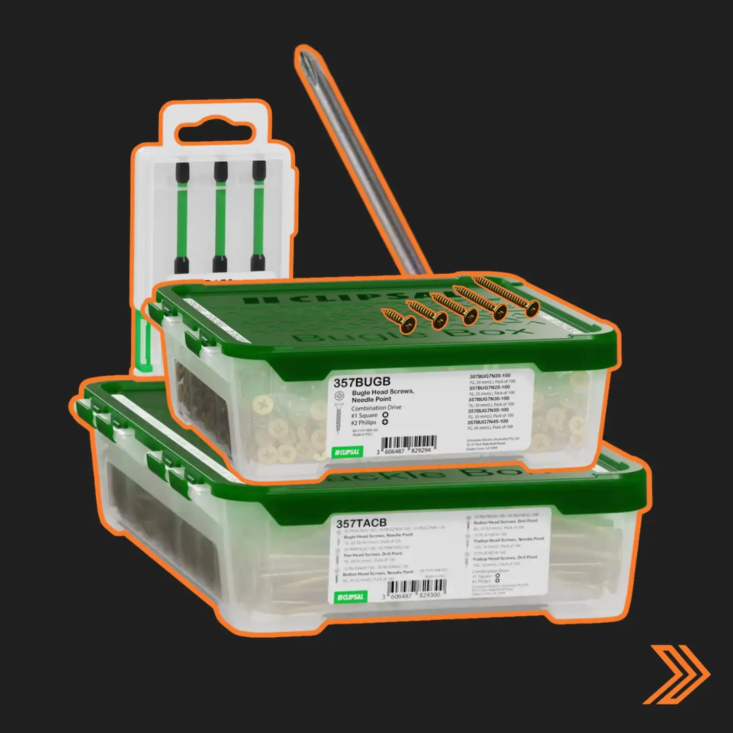 Click here for stacked Clipsal screw tackle boxes with loose screws and a drill bit set displayed beside them.