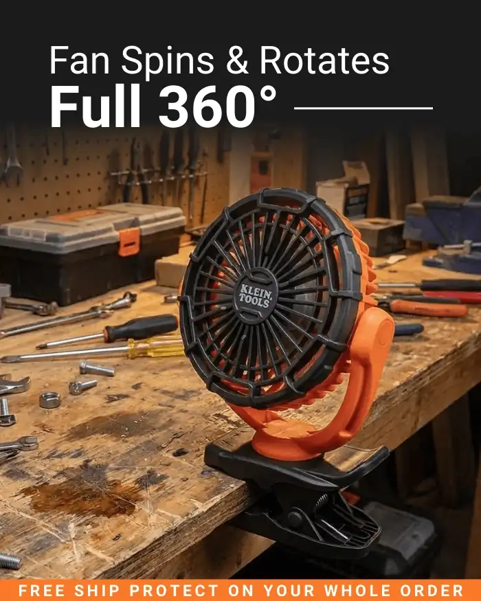 Click here for a close-up of a Klein Tools portable jobsite fan on a workbench highlighting its 360-degree rotating head.