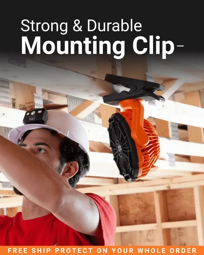 Click here for a construction worker installing materials while a heavy-duty clip-mounted fan is attached to an overhead beam.