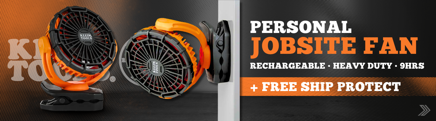 Click here for a promotional image of a rechargeable heavy-duty personal jobsite fan with mounting clip and magnetic base