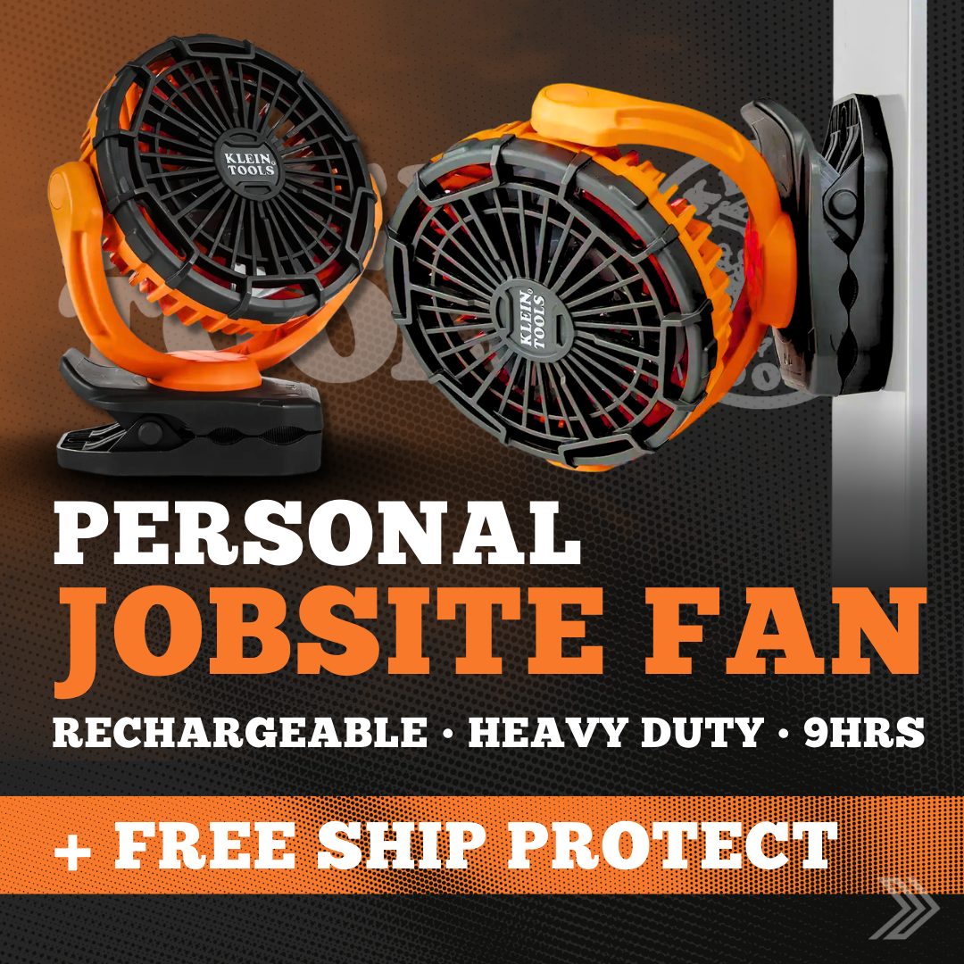 Click here for a promotional image of a rechargeable heavy-duty personal jobsite fan with mounting clip and magnetic base