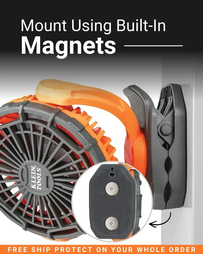 Click here for a detailed view of a portable jobsite fan mounted to a metal surface using built-in magnetic backing.
