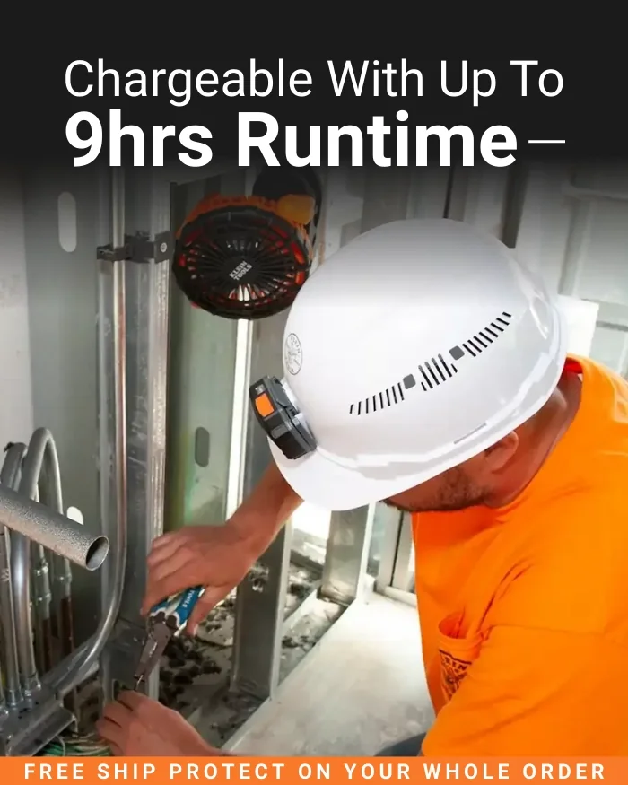 Click here for a construction worker using a rechargeable clip-on jobsite fan attached to metal framing while working.