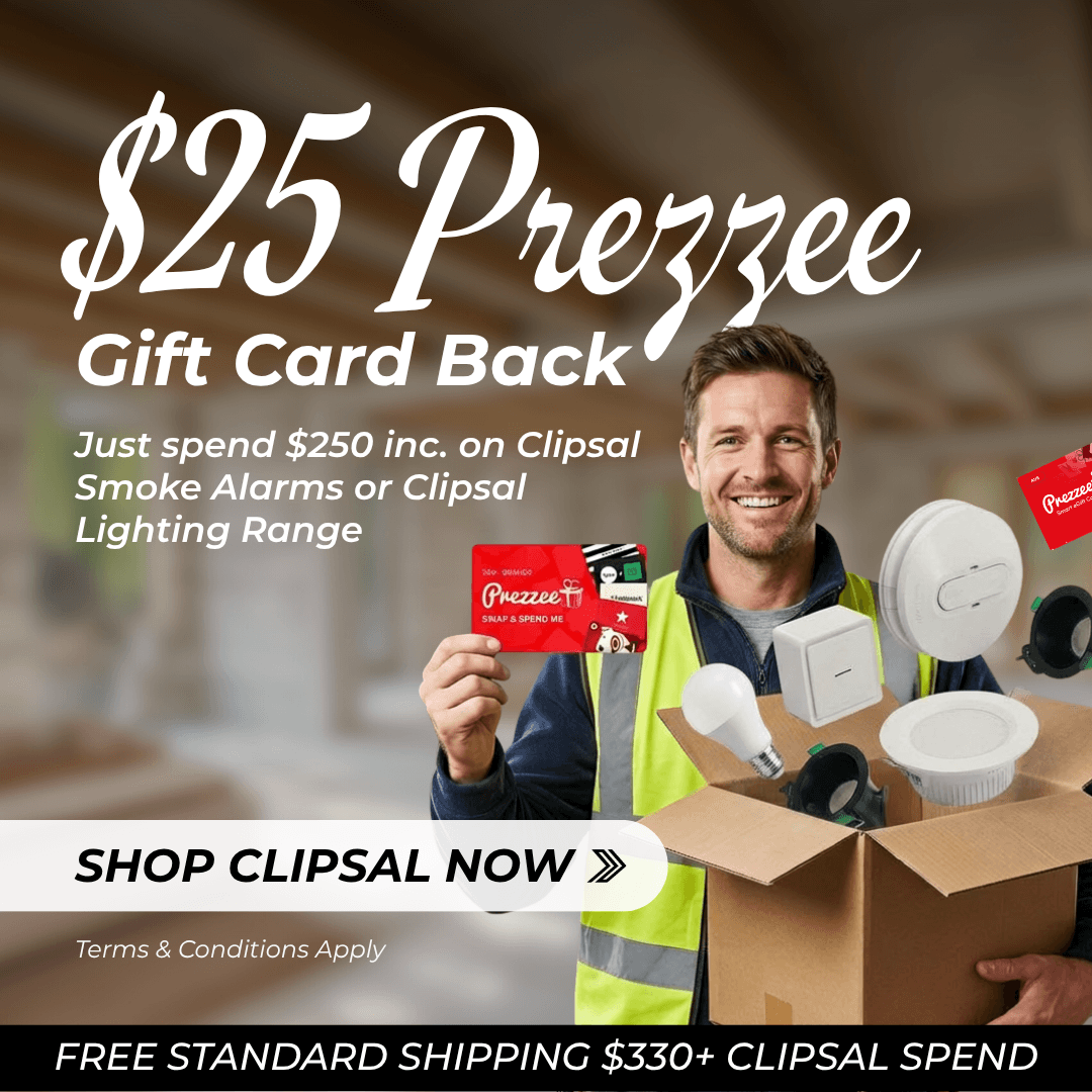 Click here for a promotional offer showing a man holding a $25 Prezzee gift card alongside Clipsal lighting and smoke alarm products with a call to shop now.