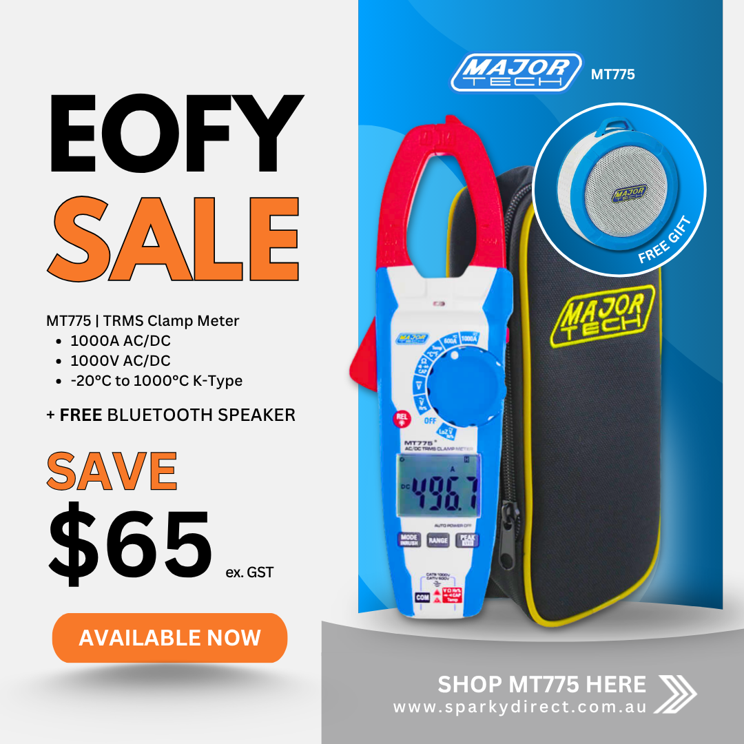 Click here for a clamp meter sale graphic showing measurement features and a free Bluetooth speaker.