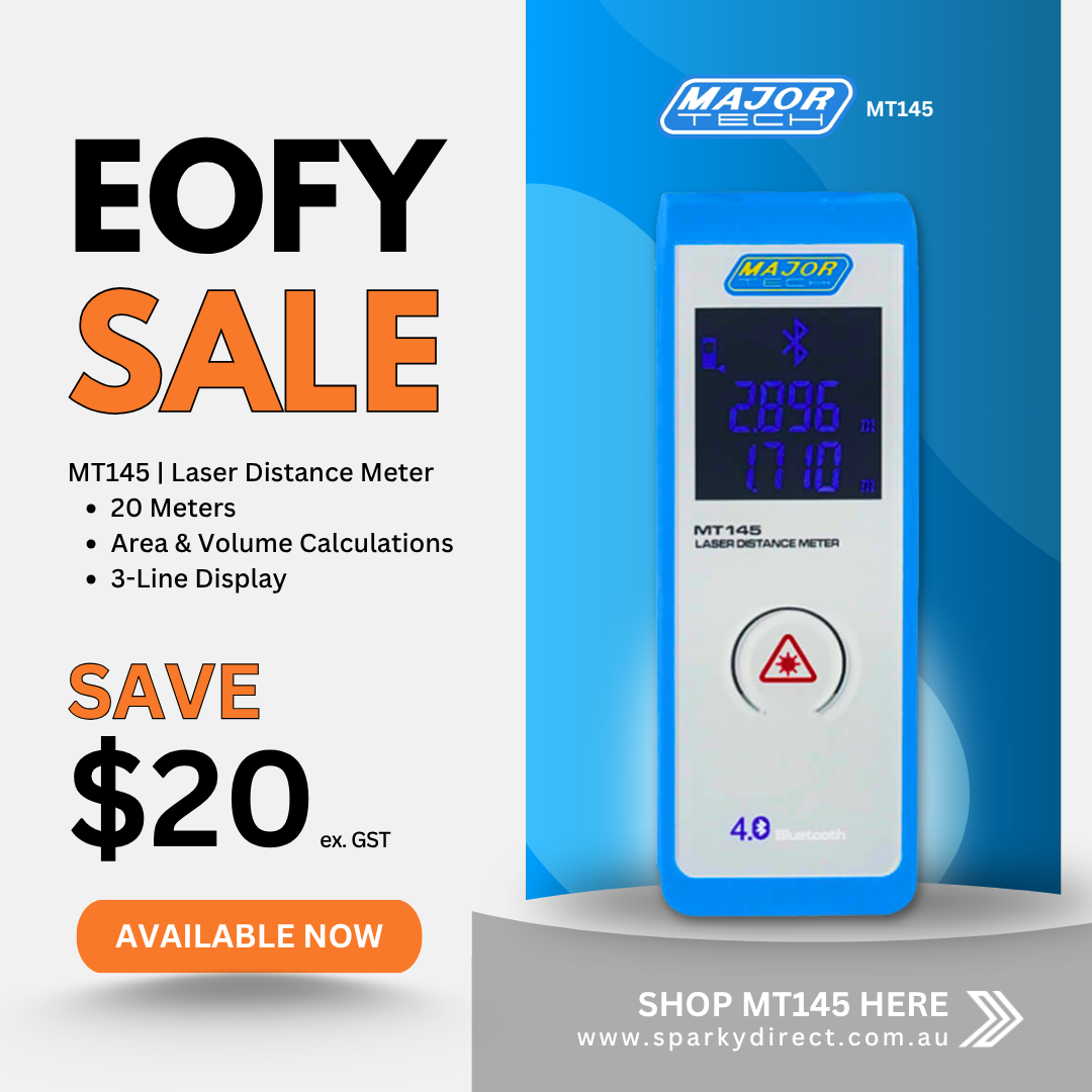Click here for a product sale graphic of a laser distance meter with measurement features and discounted price.