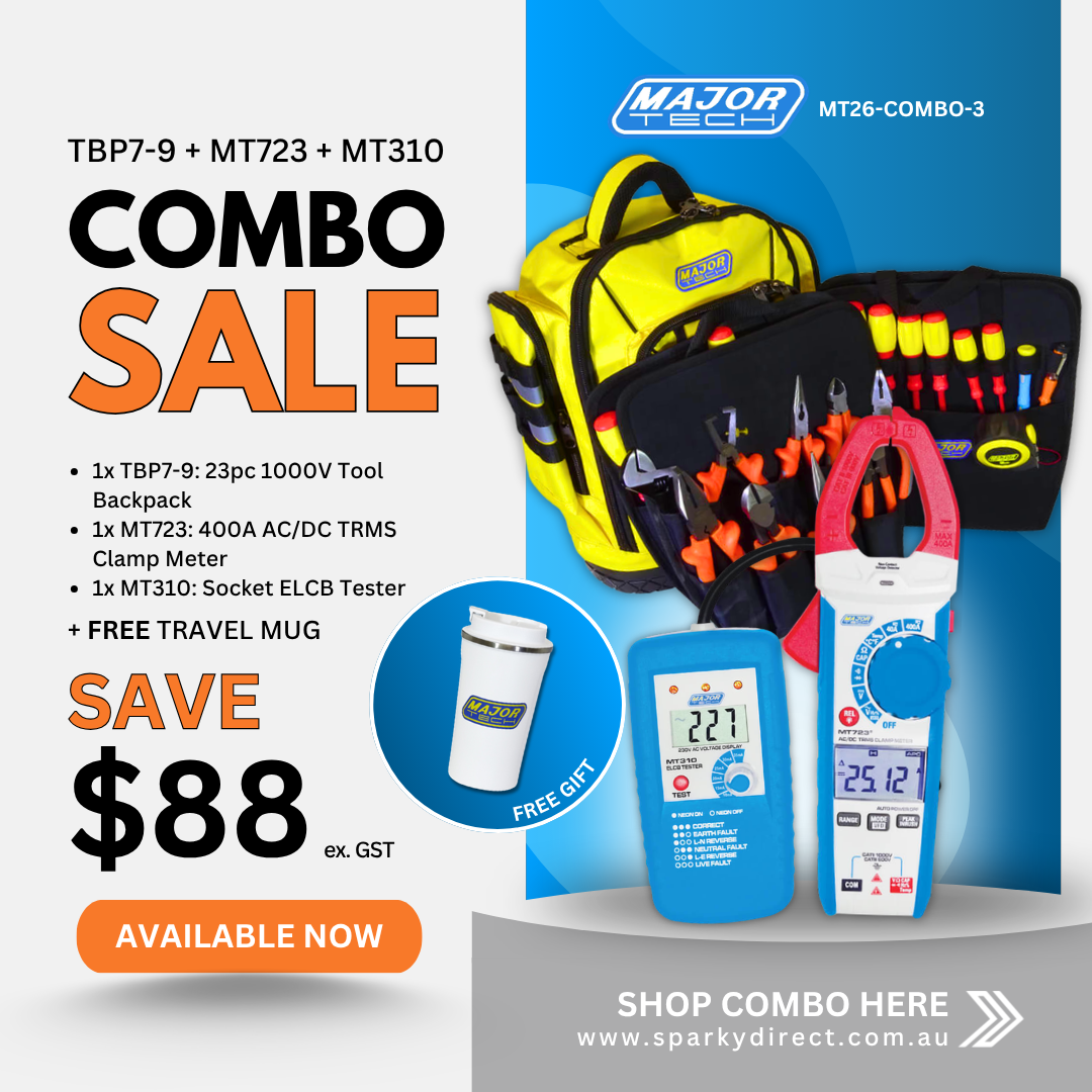 Click here for a combo pack with tool backpack, clamp meter, and socket tester including a free travel mug.