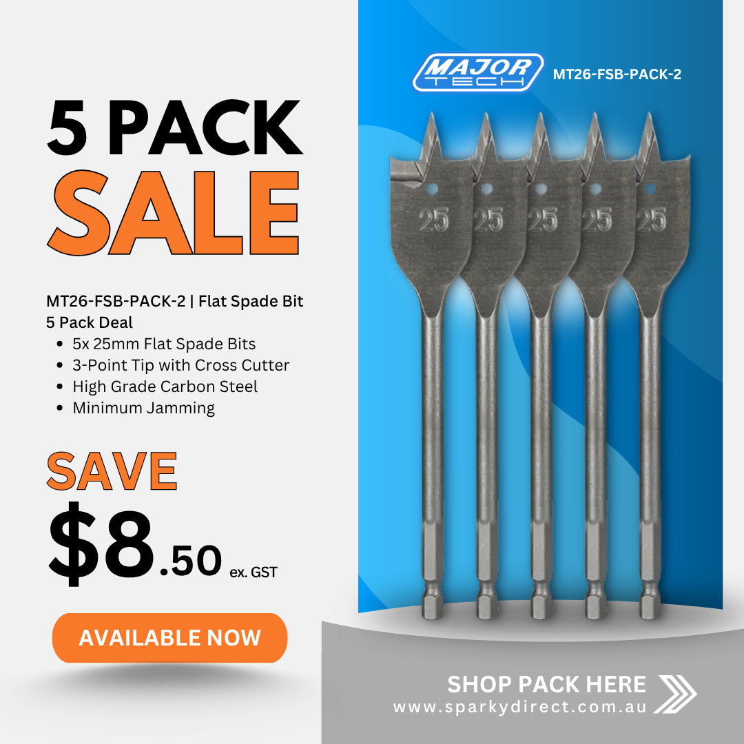 Click here for a 5-pack of 25mm flat spade drill bits with cross cutter tips for smooth drilling.