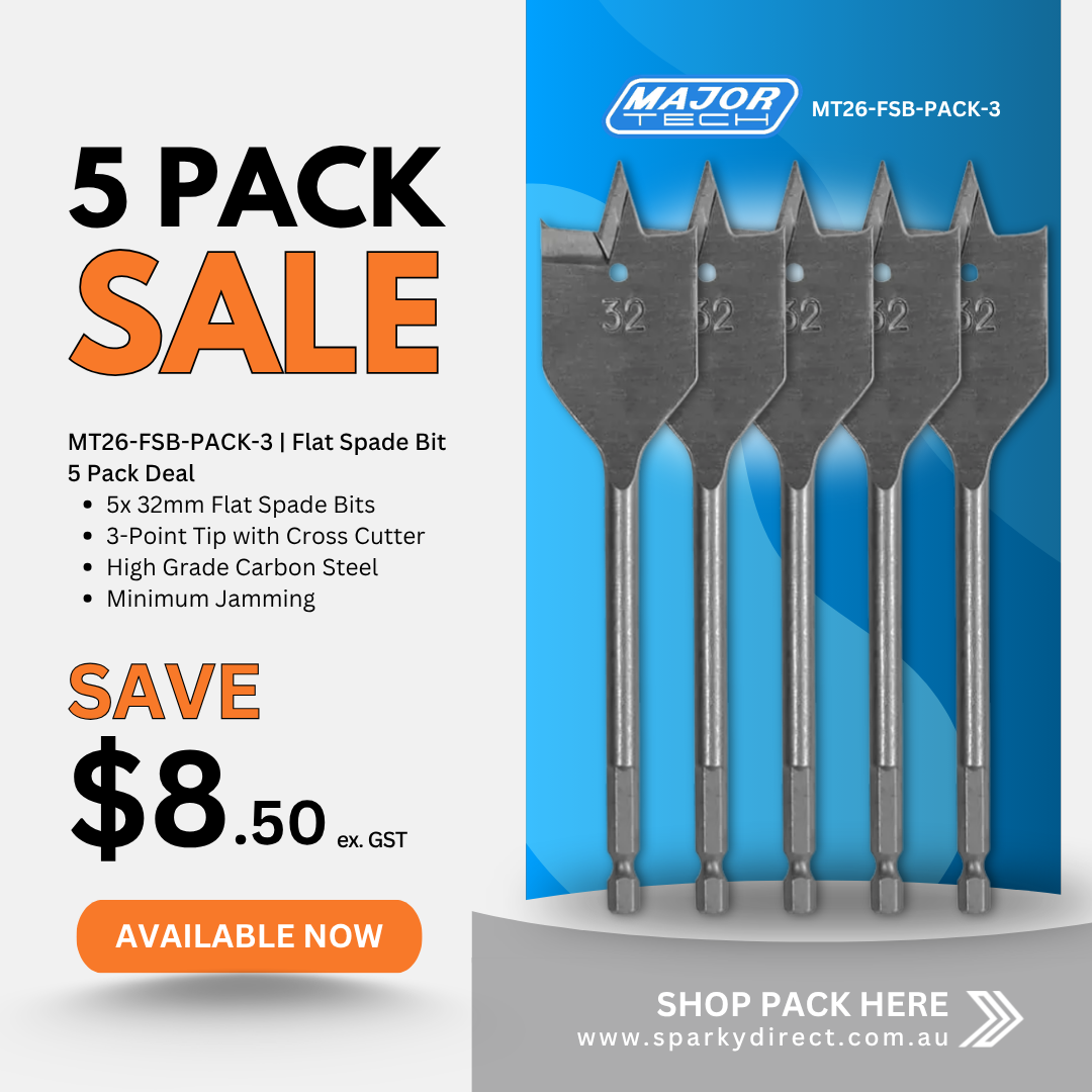 Click here for a promotional graphic showing a 5-pack sale of 32mm flat spade drill bits with pricing and product features.
