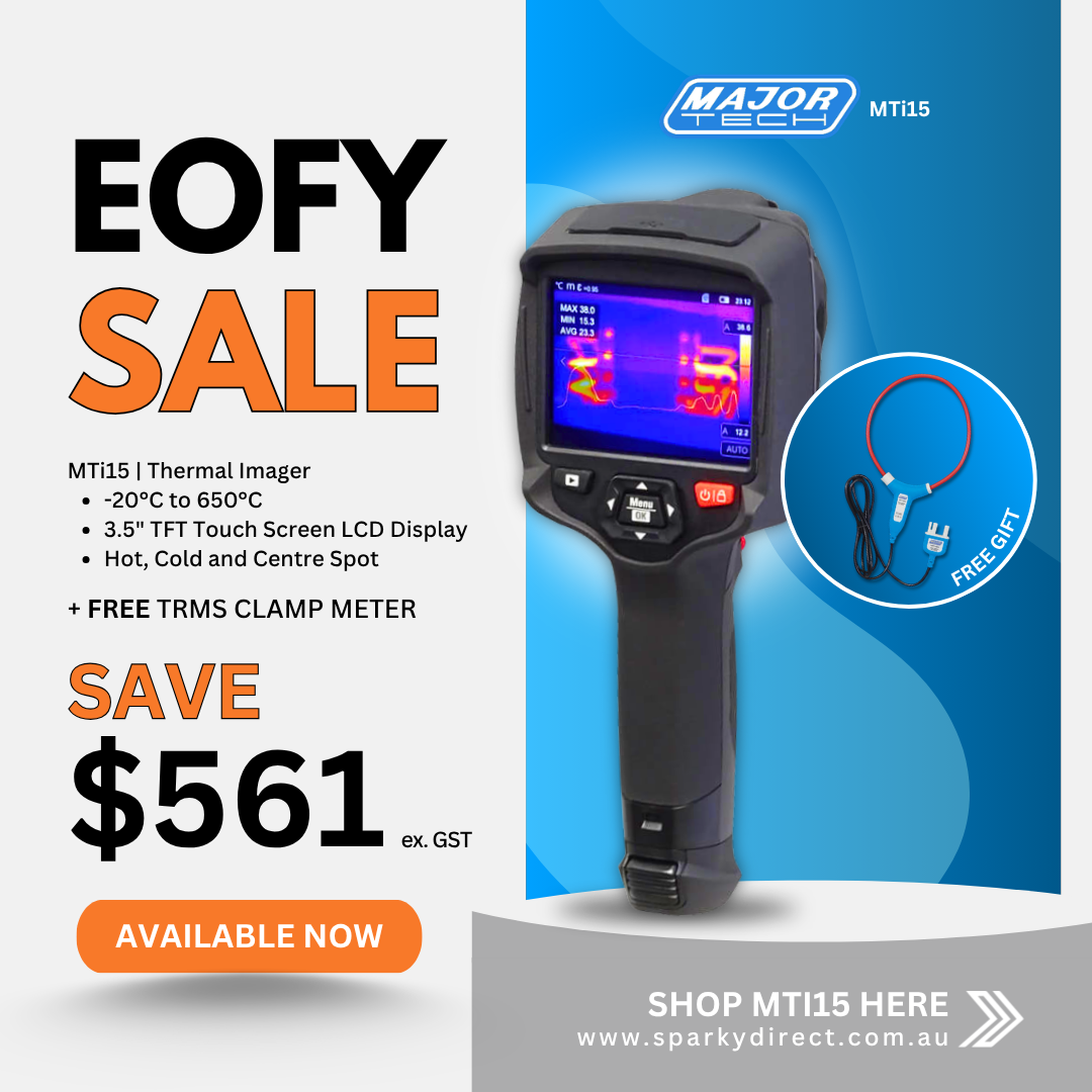 Click here for a thermal imager promotion highlighting touchscreen display, wide temperature range, and free clamp meter.
