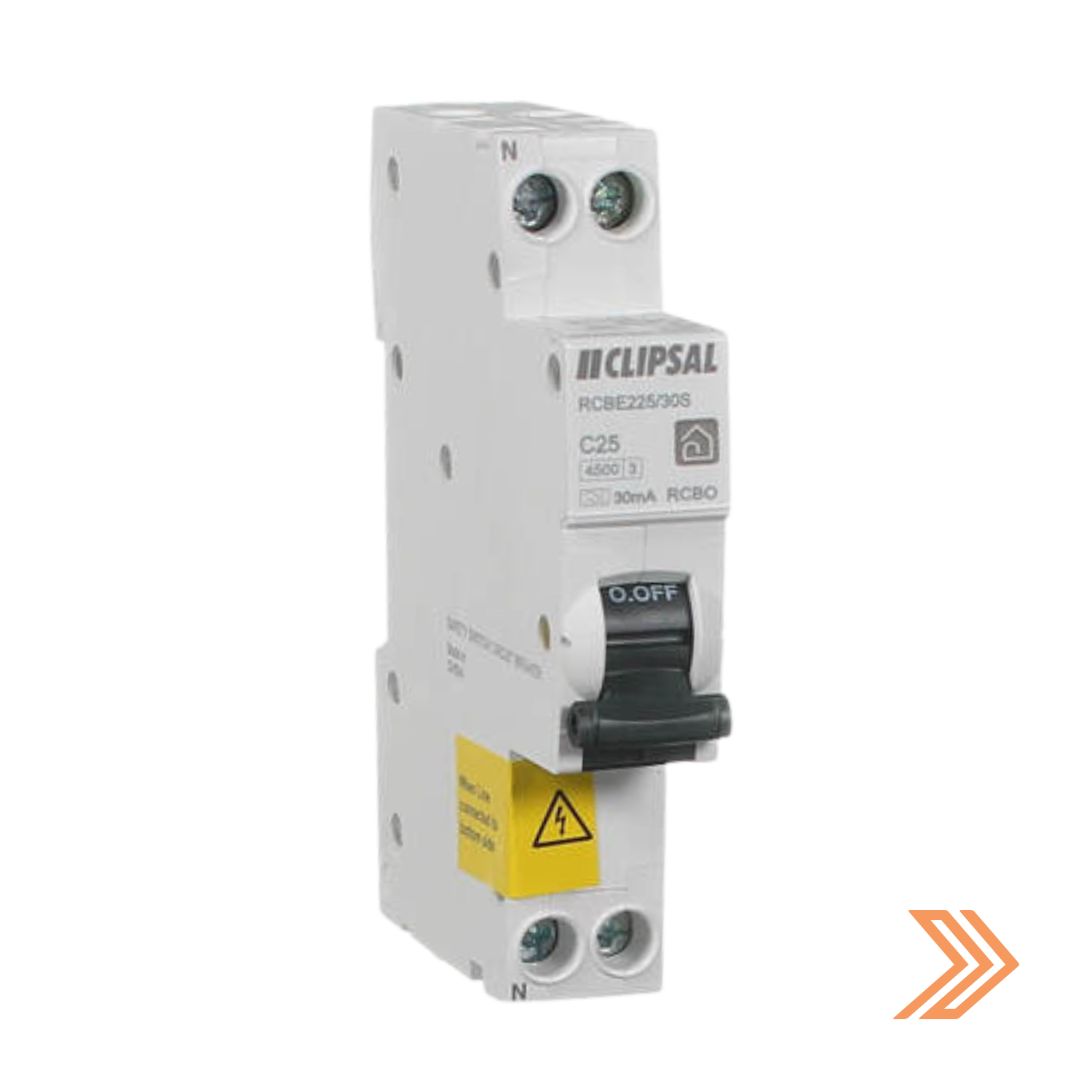 Click here for a Clipsal 25A RCBO circuit breaker with a black switch in the on position.