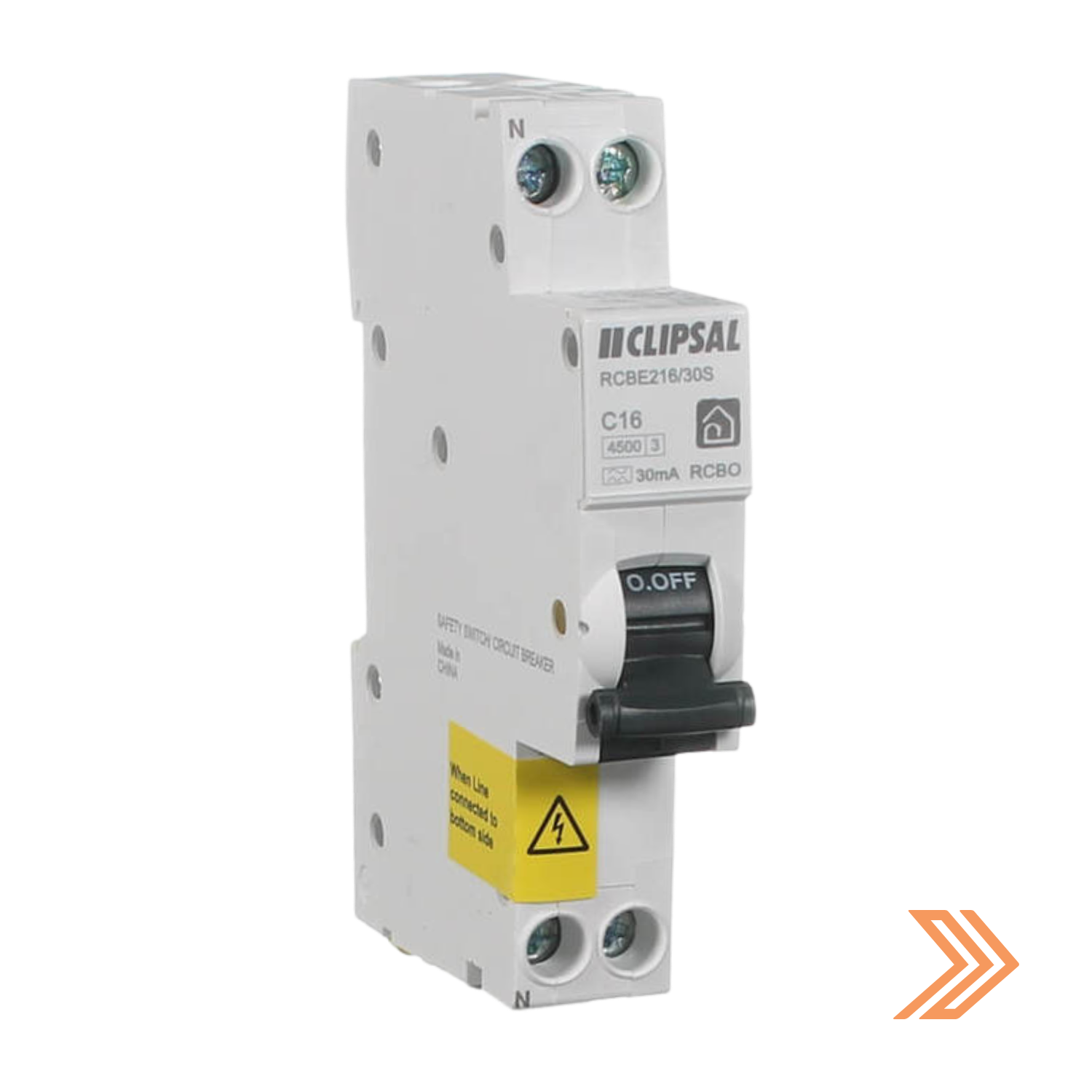 Click here for a Clipsal 16A RCBO circuit breaker with a black switch in the on position.