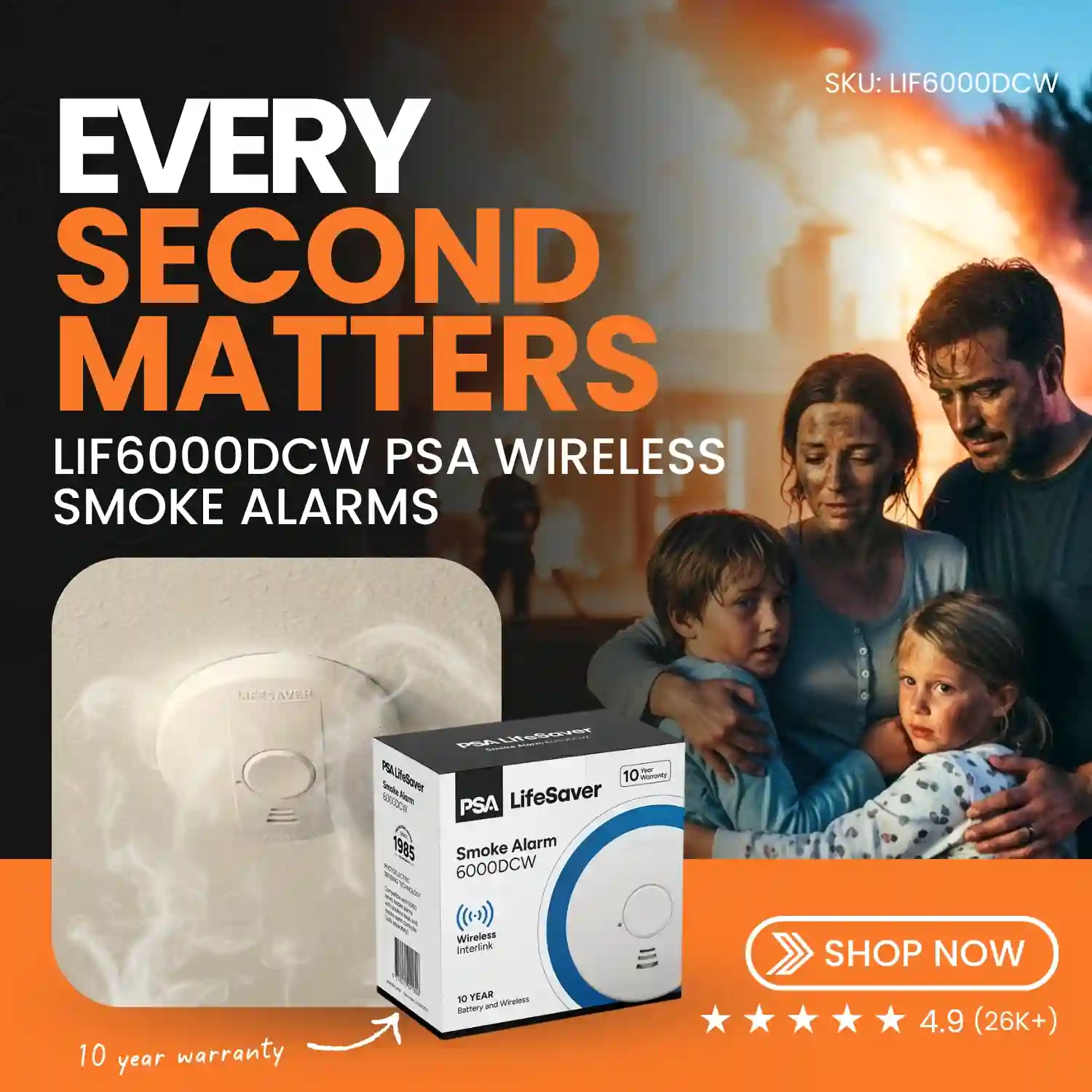 Click here for a smoke alarm ad showing a family embracing during a house fire alongside PSA LifeSaver product details and a “Shop Now” call to action.