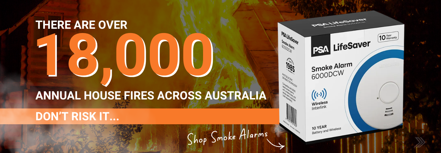 Click here for a fire safety ad with flames in the background and bold text stating over 18,000 annual house fires across Australia with a PSA LifeSaver alarm.
