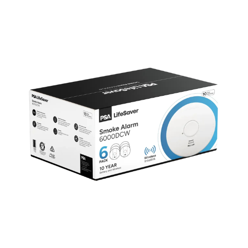 Click here for a single PSA LifeSaver smoke alarm 6-pack box displayed against a plain background.