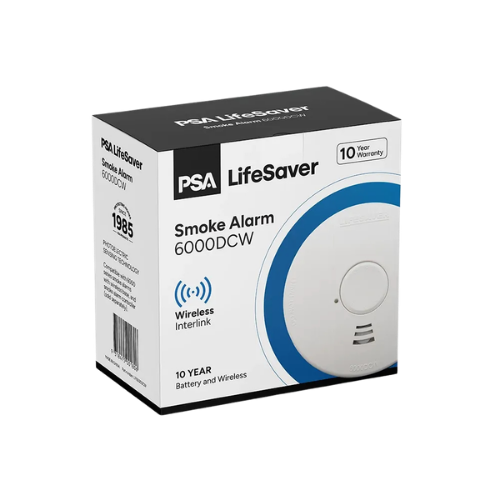 Click here for a PSA LifeSaver smoke alarm retail box featuring the device image and 10-year warranty label.