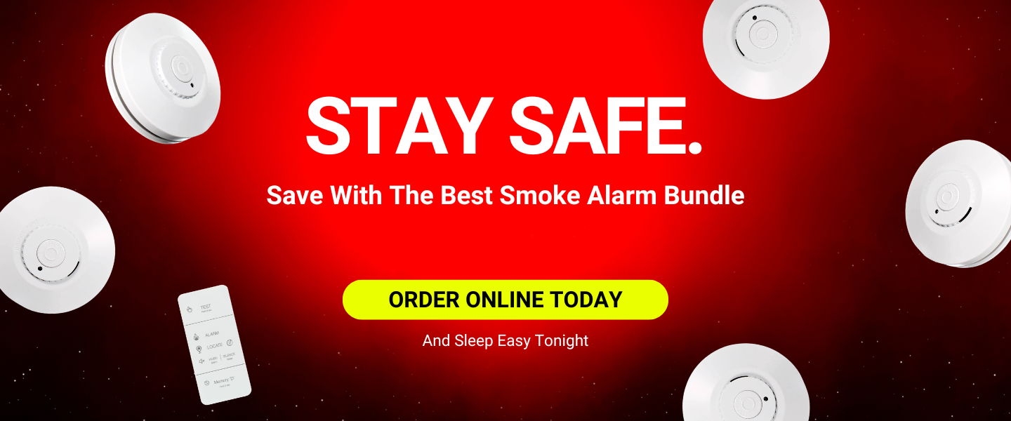 White smoke alarms and a control unit are arranged on a red background, promoting a 5% discount on the 'Red Smoke Alarm's Ultimate Bundle'. A call to action highlights, 'Don't Miss Out - Save $18.98'.