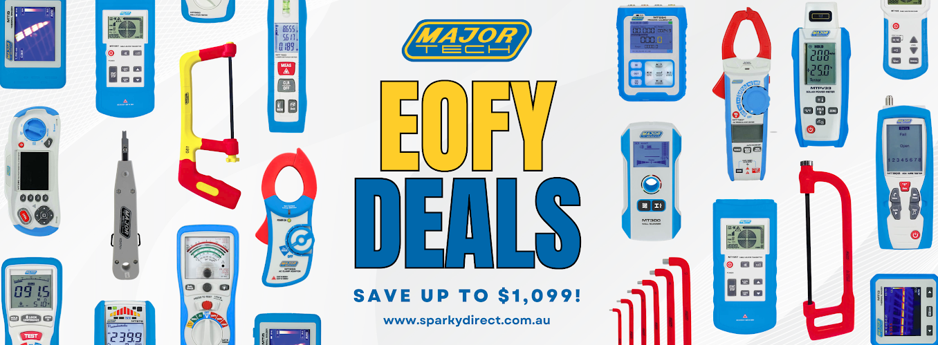 Click here for Major Tech EOFY deals on electrical testing tools and meters, with savings up to $1,099 at Sparky Direct.