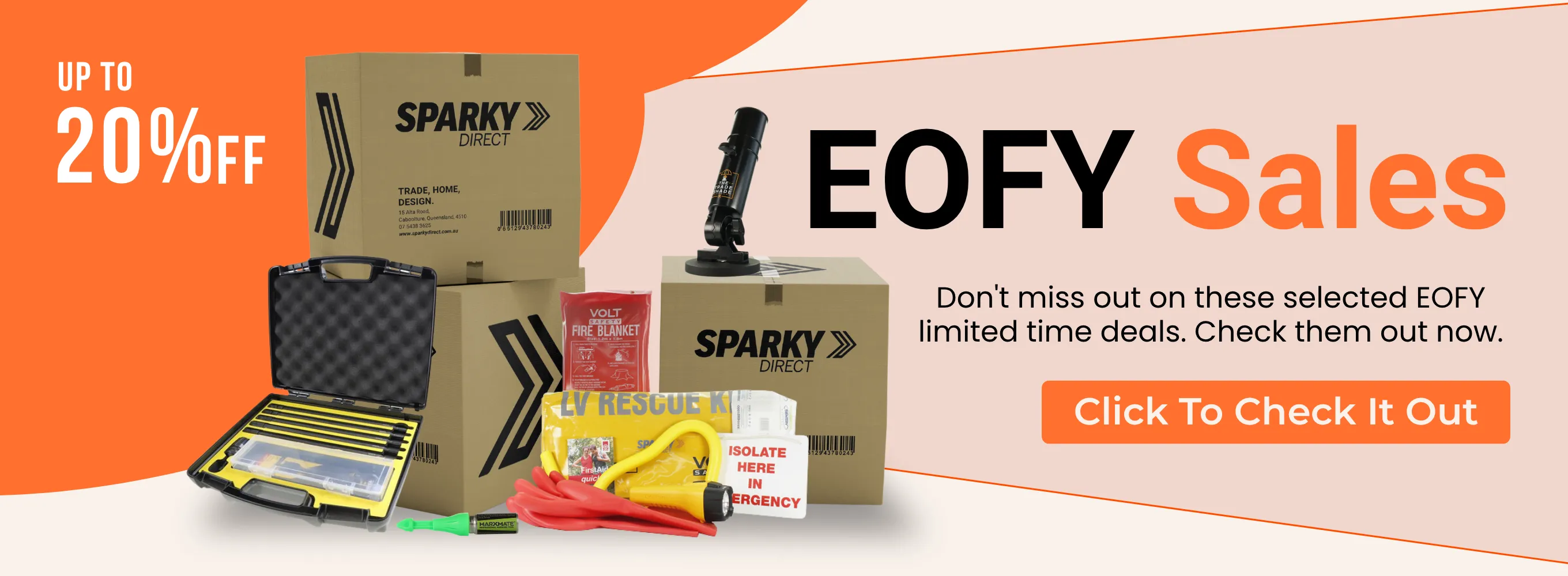EOFY Super Sales promotion showing a trolley loaded with electrical supplies, offering up to 20% off selected trade gear, site essentials, lighting and ventilation until 30/06/2026.