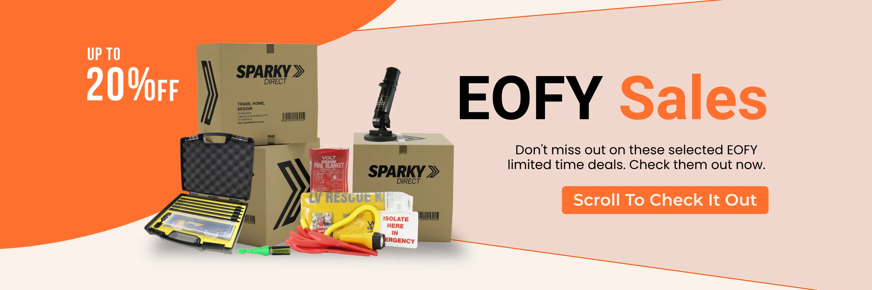 EOFY Super Sales promotion showing a trolley loaded with electrical supplies, offering up to 20% off selected trade gear, site essentials, lighting and ventilation until 30/06/2026.