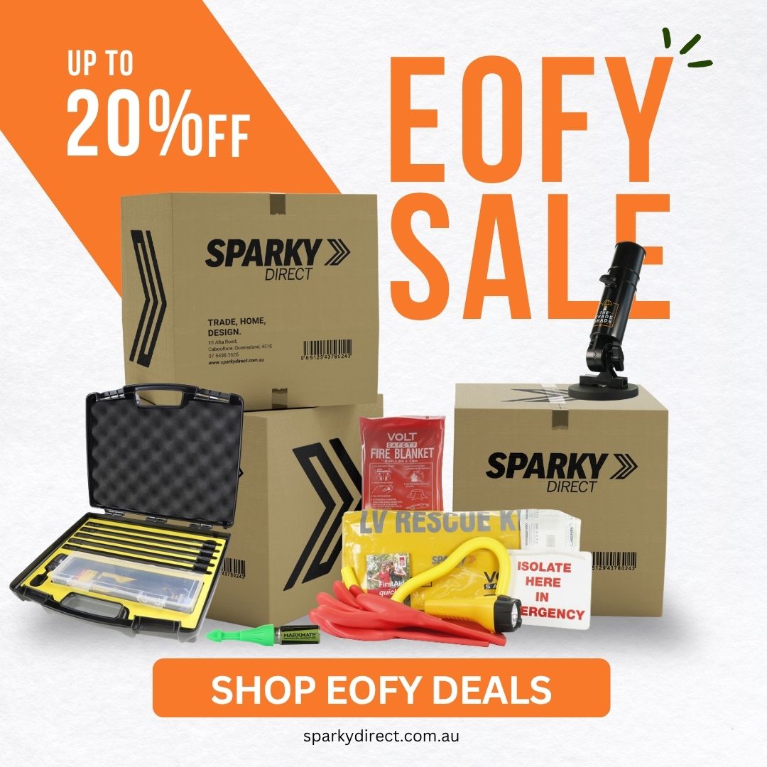 EOFY Super Sales promotion showing a trolley loaded with electrical supplies, offering up to 20% off selected trade gear, site essentials, lighting and ventilation until 30/06/2026.