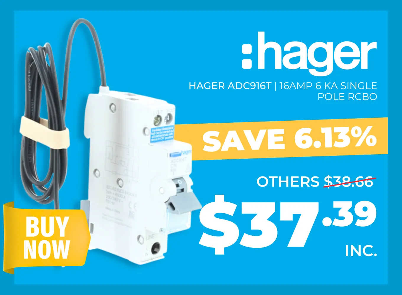 Click here for the Hager ADC916T 16A 6kA Single Pole RCBO.