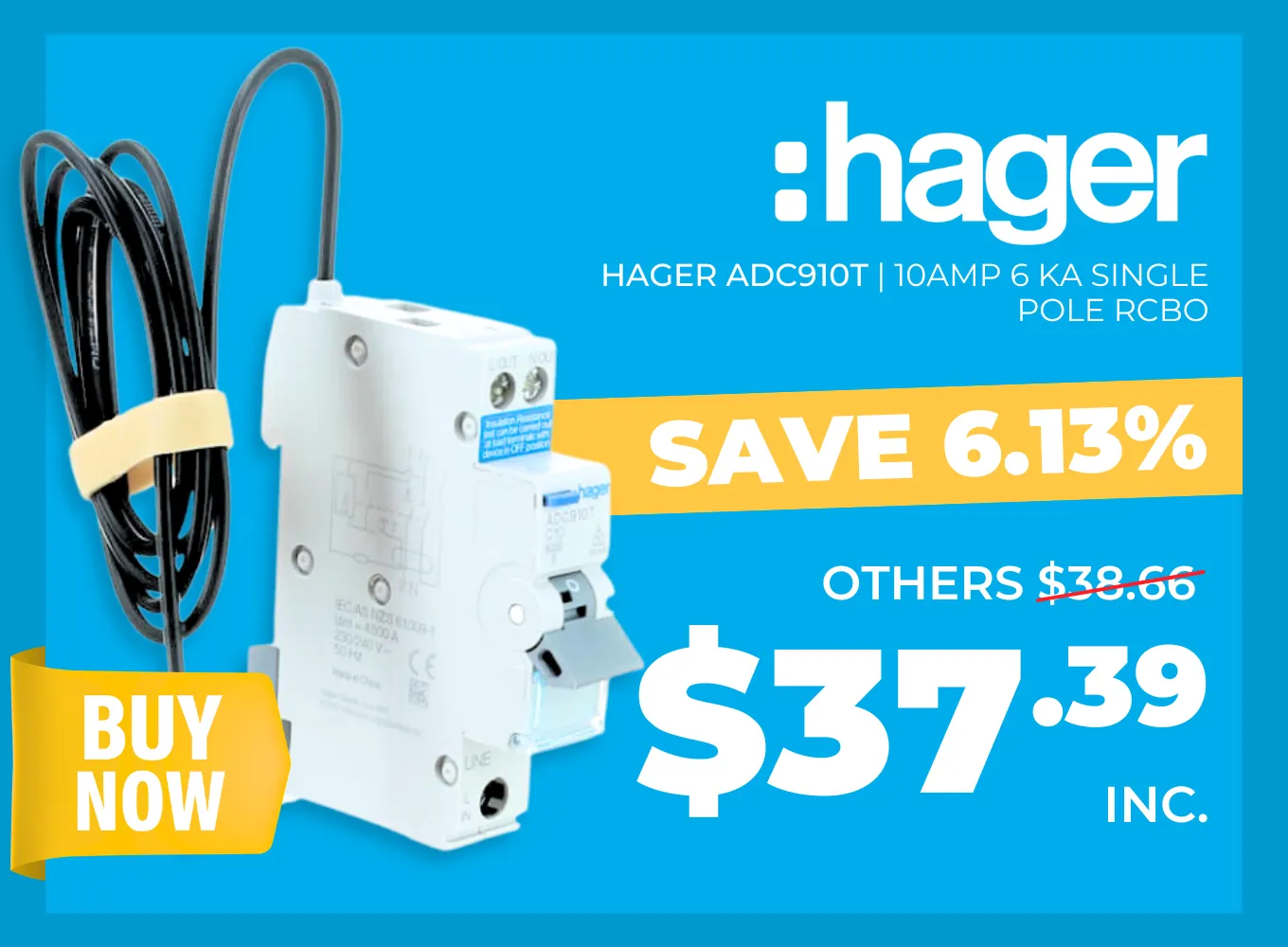 Click here for the Hager ADC910T 10A 6kA Single Pole RCBO.