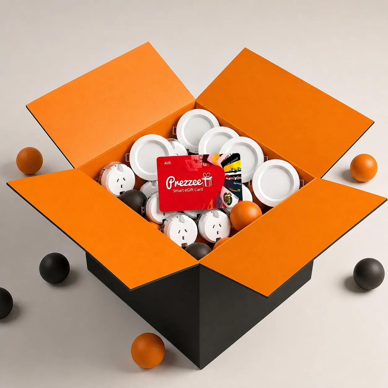 Click here for an open orange Clipsal box filled with white downlights, surface sockets, and a red Prezzee eGift Card.