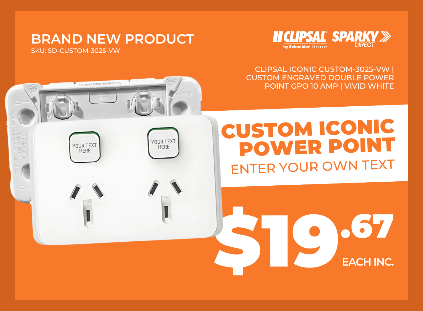 Click here for a promotional graphic featuring a Clipsal Iconic custom engraved double power point with editable labels.