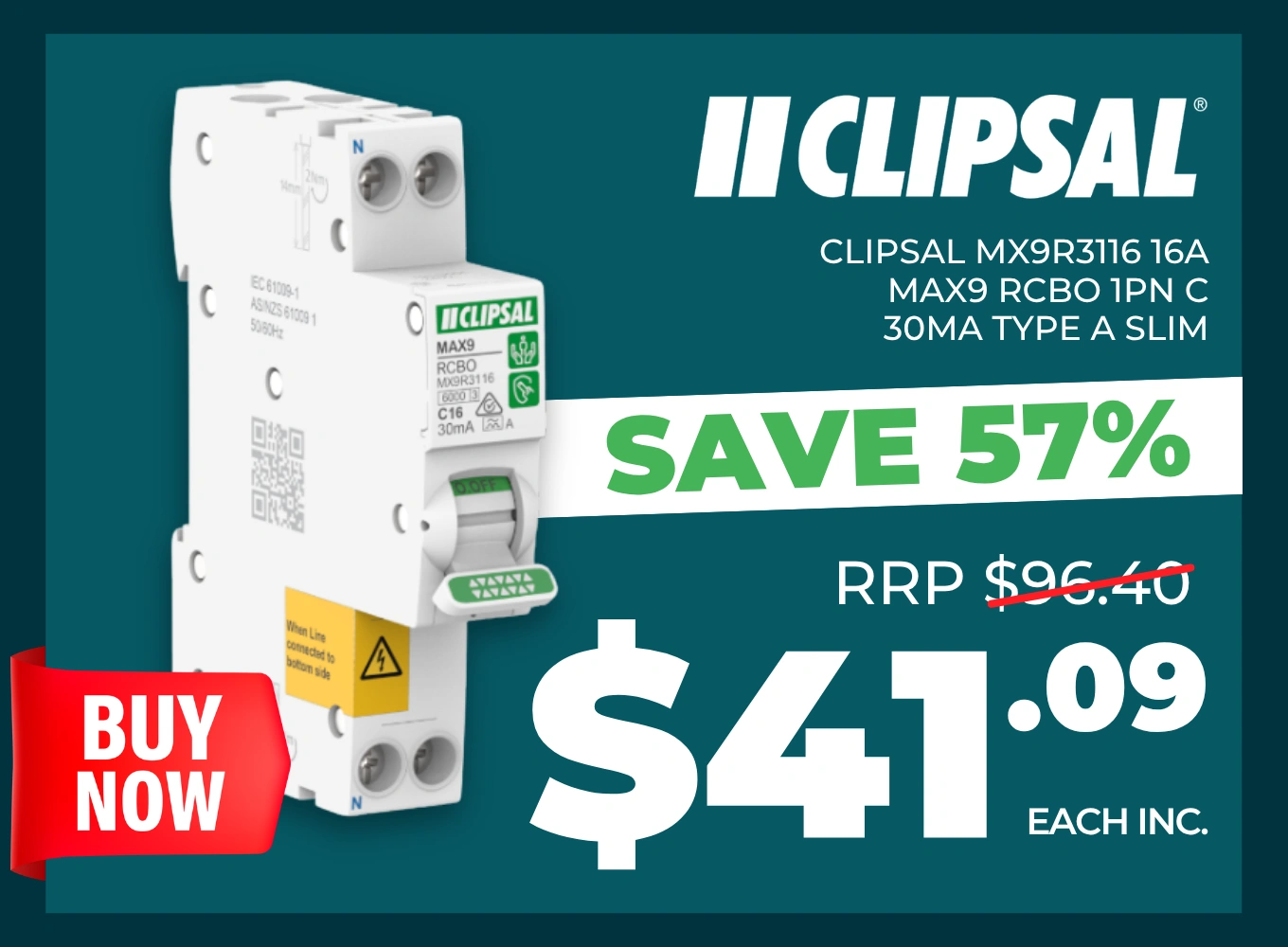 Click here for Clipsal MX9R3116 16A RCBO, discounted 57% from $96.40 to $41.09 each.