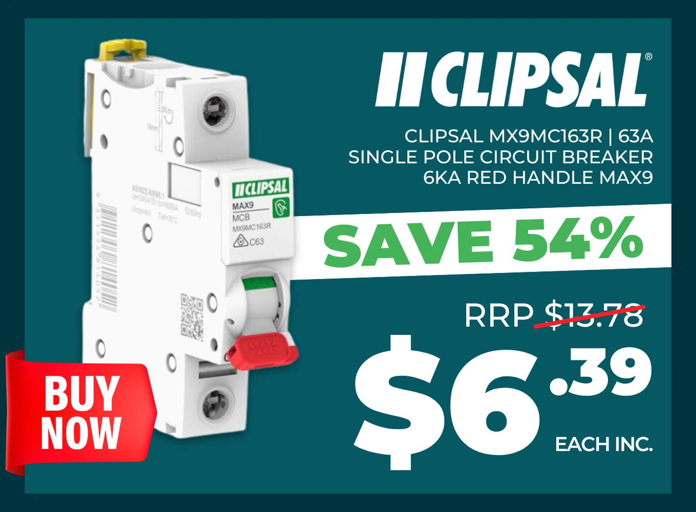 Click here for Clipsal MX9MC163R 63A single-pole circuit breaker, discounted 54% from $13.78 to $6.39 each.