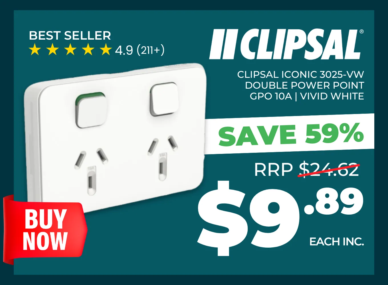 Click here for a Clipsal Iconic double power point in vivid white.