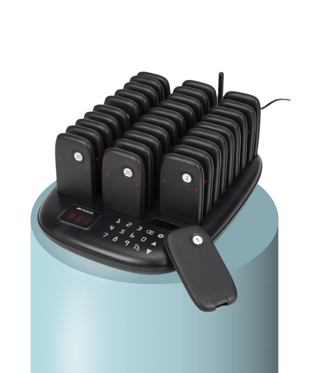 A paging machine with 30 pagers, in the colour black, sitting on top of a blue podium.