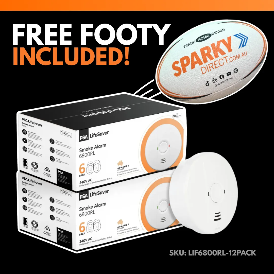 Click here for the PSA LifeSaver 6800RL twelve-pack smoke alarms with two boxes, a loose alarm, and a free Sparky Direct football.