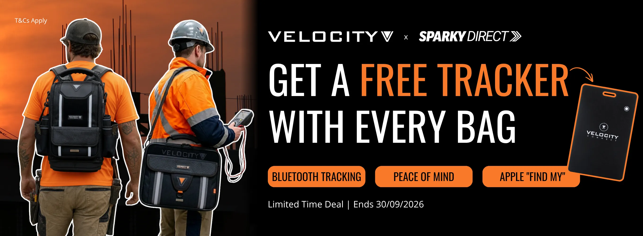 Click here for a Velocity and Sparky Direct promotion showing two tradespeople with tool bags and a free Bluetooth tracker compatible with Android and Apple devices with every bag, available until 30/09/2026.