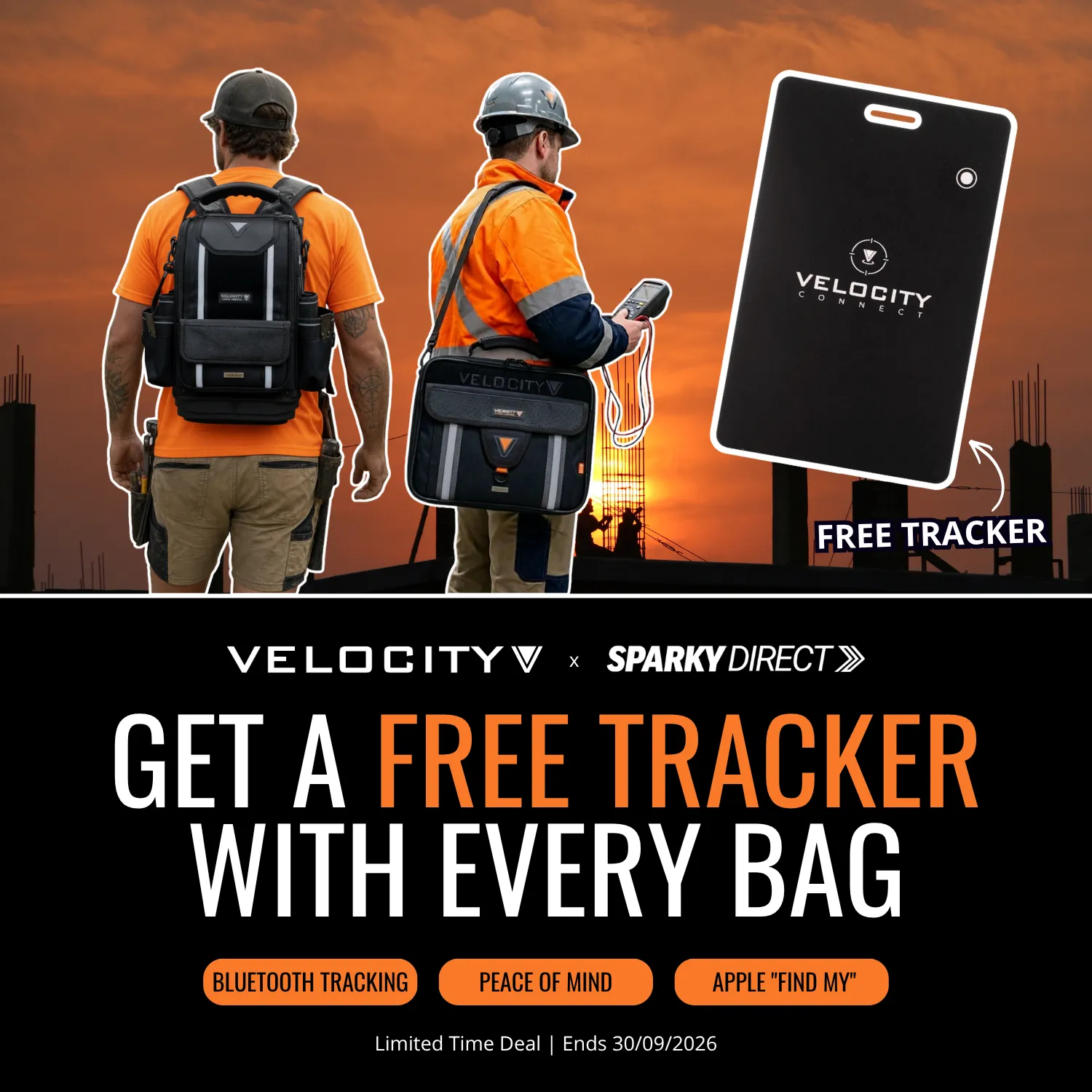 Click here for a Velocity and Sparky Direct promotion showing two tradespeople with tool bags and a free Bluetooth tracker compatible with Android and Apple devices with every bag, available until 30/09/2026.